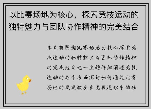 以比赛场地为核心，探索竞技运动的独特魅力与团队协作精神的完美结合