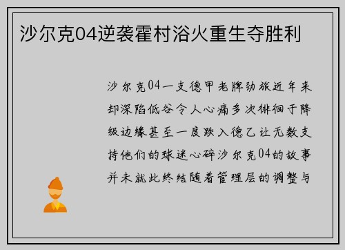 沙尔克04逆袭霍村浴火重生夺胜利