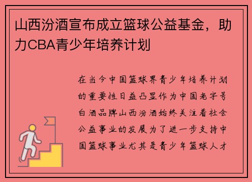 山西汾酒宣布成立篮球公益基金，助力CBA青少年培养计划